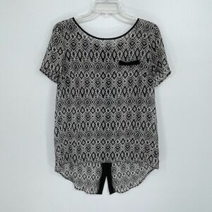 AB Studio Women's Black Geometric Sheer High-Low Blouse Size Large